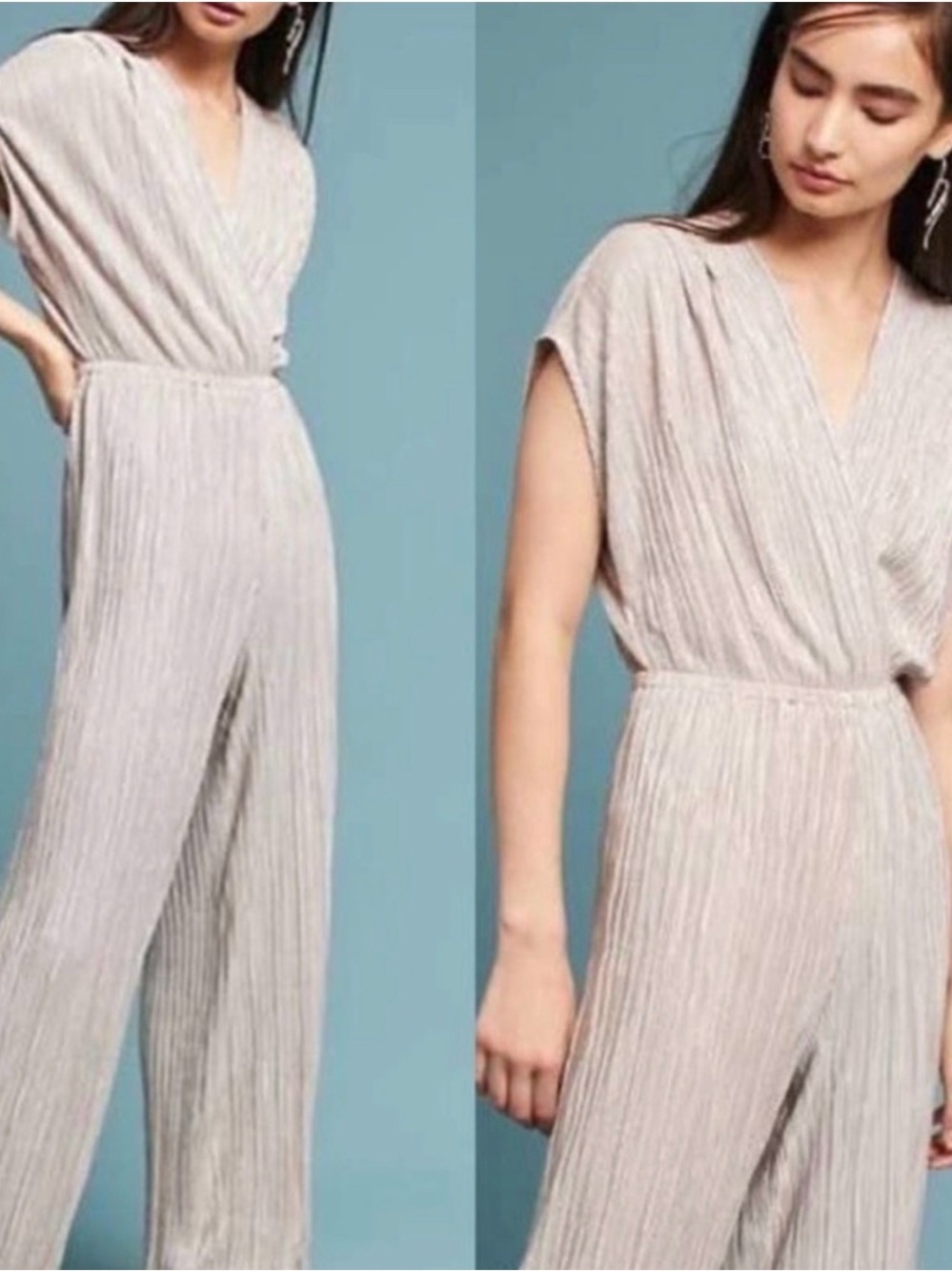 Anthropologie Porridge Silver Champagne Pleated Metallic Wide Leg Jumpsuit small